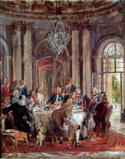 Okrągły stół Fryderyka II Pruskiego (1712-1786) z Voltaire (Francois Marie) Arouet de Voltaire (1694-1778) i Christoph Ludwig von Stille (1696-1752) w Pałacu Sanssouci - Obraz Adolfa Menzla (1815- 1905) autorstwa Adolph Menzel
