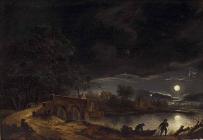 Niemiecki: Księżyc w pełni nad wioską nad rzeką z mostem i sztabem ludzi autorstwa Adolph Friedrich Vollmer