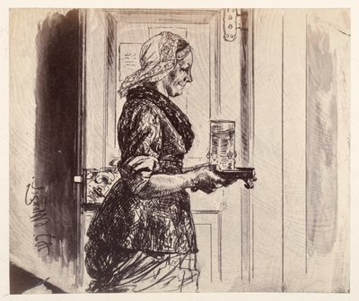 Służąca wchodzi do sali sądowej z szklanką wody, którą zamówił Adam, z opowiadania Heinricha von Kleista „Złamany dzban” autorstwa Adolph Menzel