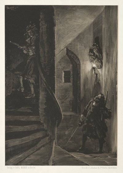 Esej o kamieniu z pędzlem i skrobaczką: Pościg na krętych schodach, 1851. autorstwa Adolph Menzel