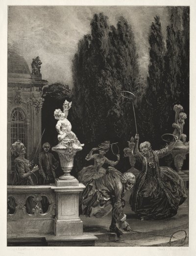 Esej o kamieniu z pędzlem i skrobaczką: Gra w obręcze na tarasie zamkowym, 1851. autorstwa Adolph Menzel