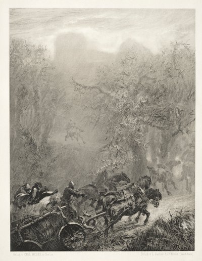 Esej o kamieniu z pędzlem i skrobaczką: konwój więźniów przez las, 1851. autorstwa Adolph Menzel