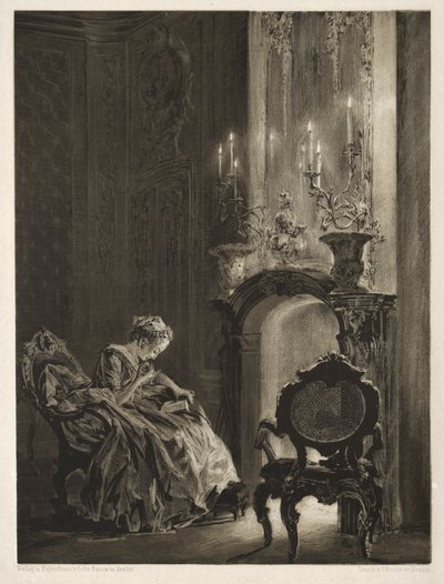 Esej o kamieniu z pędzlem i skrobaczką: Kobieta czytająca przy kominku, 1851. autorstwa Adolph Menzel