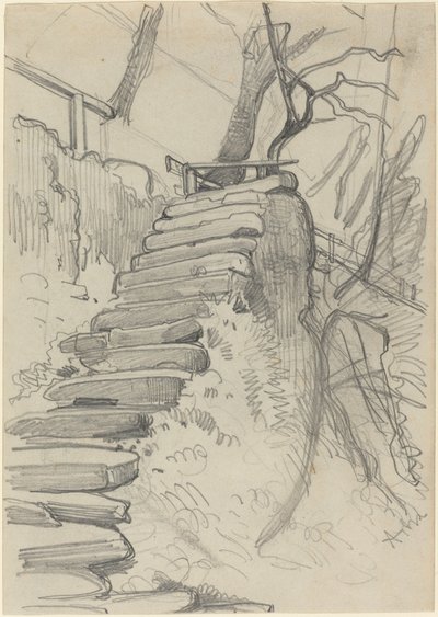 Lot kamiennych schodów w ogrodzie autorstwa Adolph Menzel