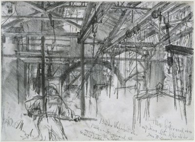 Hala w walcowni Königshütte. Studium zatytułowane „Walcownia żelaza. Nowoczesne cyklopy” autorstwa Adolph Menzel