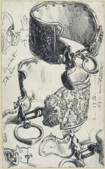 Obroża dla psa z XVII wieku, przeznaczona dla „olbrzyma”, na dwóch widokach oraz w ujęciach szczegółowych, Muzeum Historyczne w Dreźnie autorstwa Adolph Menzel