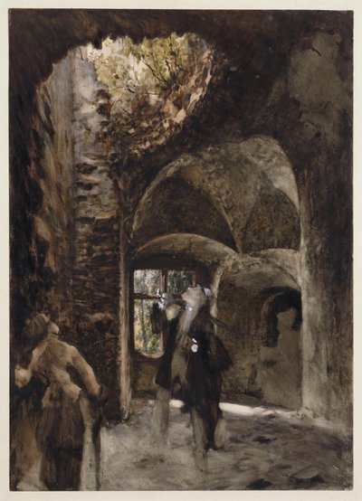W ruinach pan i pani stoją na półpiętrze i spoglądają w górę na wielką dziurę w sklepieniu autorstwa Adolph Menzel