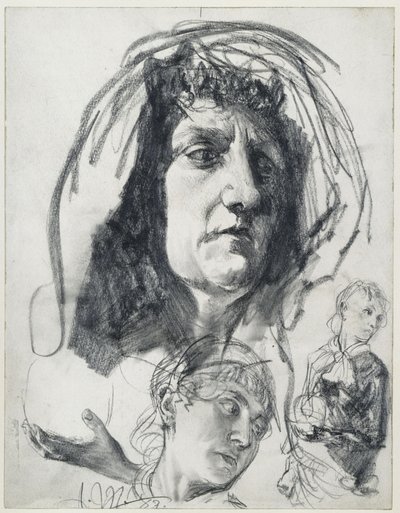Głowa starszej kobiety w chustce, szkice przedstawiające młodszą kobietę w meloniku. Szkice modelowe do obrazu „Piazza d’Erbe” autorstwa Adolph Menzel