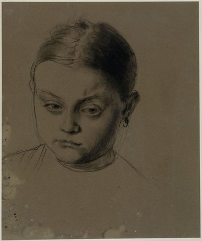 Głowa dziewczynki widziana z przodu, z lekko pochyloną głową, kolczyk autorstwa Adolph Menzel