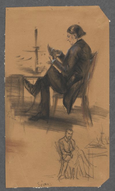 Mężczyzna z kartami w ręku, przy stoliku do gry (u góry); mężczyzna siedzący przy stoliku, głaszczący psa (u dołu) autorstwa Adolph Menzel