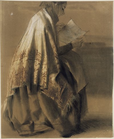 Kobieta siedząca i czytająca, owinięta w szeroki szal autorstwa Adolph Menzel