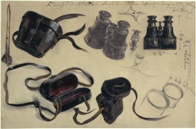 Studium na podstawie lornetki feldmarszałka hrabiego von Moltke, futerał i szczegóły, z notatkami autorstwa Adolph Menzel