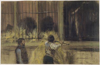 Dwóch opiekunów zwierząt przed pawilonem drapieżników autorstwa Adolph Menzel