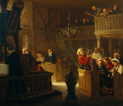 Nabożeństwo w norweskim kościele wiejskim autorstwa Adolph Tidemand
