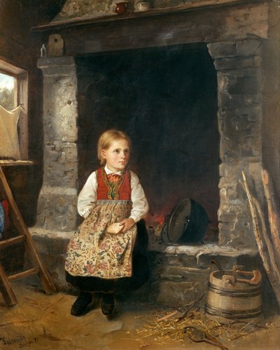 Dziewczyna przy kominku autorstwa Adolph Tidemand