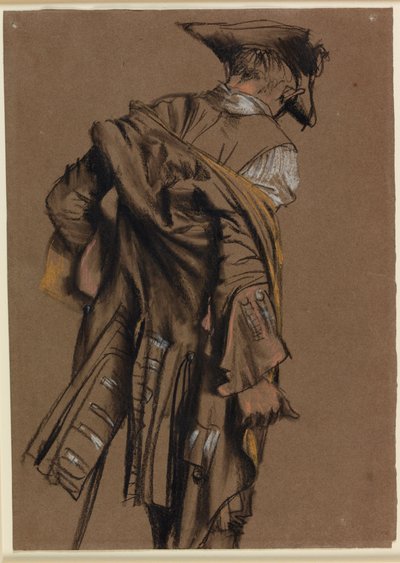 Model artysty widziany z tyłu, zakładający XVIII-wieczny mundur autorstwa Adolph Menzel