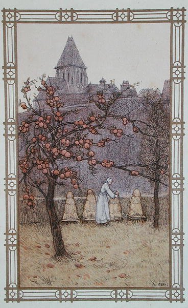 Pszczelarz sprawdzający swoje ule, ilustracja z książki "La Vie des Abeilles", wydanej w Paryżu autorstwa Adolphe (after) Giraldon