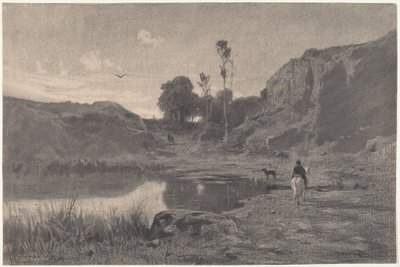 Jeździec nad górskim stawem o zachodzie słońca autorstwa Adolphe Appian