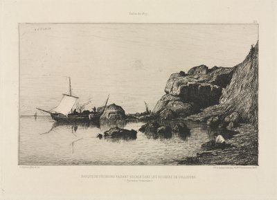 Kuter rybacki zawijający do portu na skałach Collioure, 1878 r. autorstwa Adolphe Appian