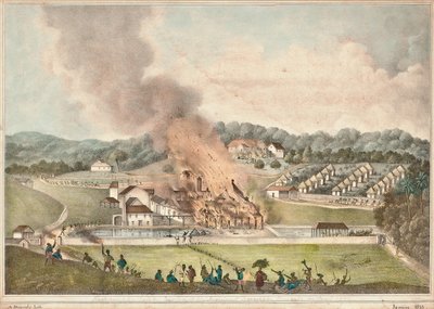 Zniszczenie posiadłości Roehampton w parafii św. Jakuba w styczniu 1832, 1833 autorstwa Adolphe Duperly