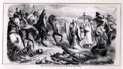 Św. Loup broniący miasta Troyes przed Attylą Hun (ok. 406-453) na swoim koniu, ilustracja z historii Francji, 2. poł. XIX w. (fot. bw) autorstwa Adolphe Francois Pannemaker
