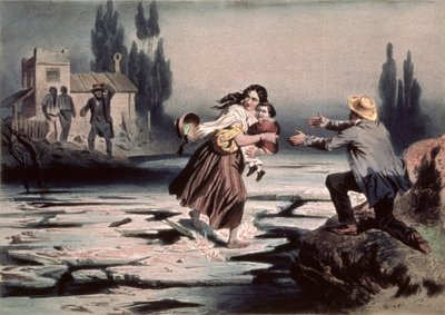 Eliza przekraczająca kry rzeki Ohio do wolności, ilustracja z „Kabiny wuja Toma” autorstwa Harriet Beecher Stowe, grawerowana przez Charlesa Boura (1814-81) (lito) (patrz także 90903) autorstwa Adolphe Jean Baptiste (after) Bayot