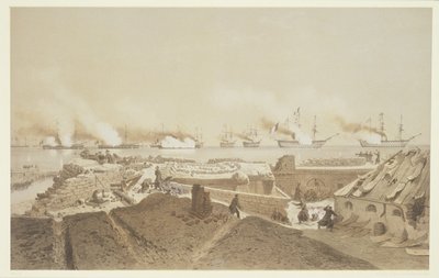 Bombardowanie Kil-Bouroun u ujścia Dniepru przez flotę francuską, z wisiorka Nos Souvenirs de Kil-Bouroun LHiver passe dans Le Liman du Dnieper, 1855-56, ryty przez Eugeniusza Ciceri (1 autorstwa Adolphe Jean Baptiste Bayot and Antoine Leon Morel Fatio