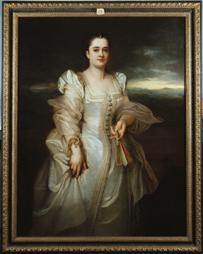 Portret damy w białej sukni wyszytej perłami autorstwa Adolphe Joseph Thomas Monticelli