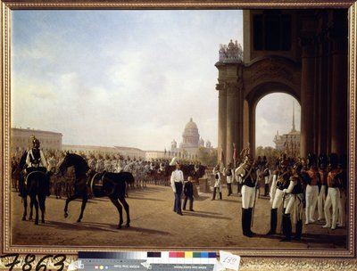 Parada wojskowa na Placu Pałacowym w Petersburgu (Parada na Placu Pałacowym w Petersburgu). Obraz Adolphe Ladurner (1798-1856), olej na płótnie autorstwa Adolphe Ladurner