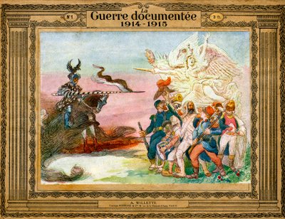 Alegoria konfliktu: francuskie wojska kierowane Zwycięstwem idą na niemiecki szturm ucieleśniony przez śmierć na koniu autorstwa Adolphe Leon Willette