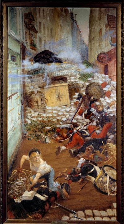 Gavroche ma barykadę Ilustracja „Nędzników” autorstwa Victora Hugo (1802-1885). Obraz Adolphe Willette (1857-1926) XIX-wieczny Paryż, dom Victor Hugo autorstwa Adolphe Leon Willette