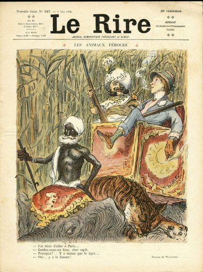 Ilustracja autorstwa Adolphe dit Willette (1857-1926) do okładki Śmiechu, 08.05.09 - Okrutne zwierzęta - antyfeminizm, Hobby, Polowanie na myśliwych, Indie, Angielskie Indie, Zwierzęta - Słoń, Kobiety, Tygrys autorstwa Adolphe Leon Willette