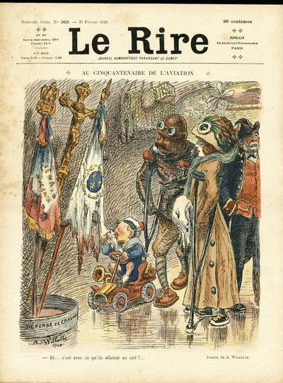 Ilustracja przedstawiająca Adolphe dit Willette (1857-1926) na okładkę Le Rire, 26.02.10 - W pięćdziesiątą rocznicę lotnictwa - Lotnictwo, moda, kapelusz, wypadki Katastrofy autorstwa Adolphe Leon Willette