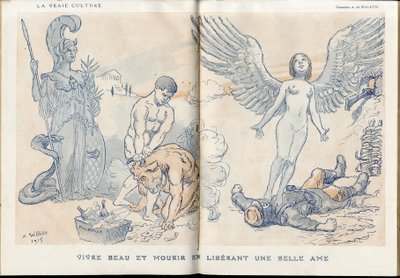 Ilustracja przedstawiająca Adolphe dit Willette (1857-1926) w „”Fantasio”””, 01.05.15 - Żyć pięknie i umierać poprzez uwolnienie pięknej duszy - Wojna 14-18, Martwe trupy, Barbary/Kultur, Jam of Skull - Żołnierze autorstwa Adolphe Leon Willette