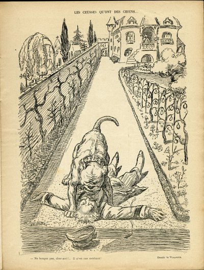 Ilustracja przedstawiająca Adolphe dit Willette (1857-1926) w Le Rire, 27.02.09 - Ceusses, które mają psy - Architektura Urbanistyka, Zwierzęta - Pies, Pitt-Bull autorstwa Adolphe Leon Willette