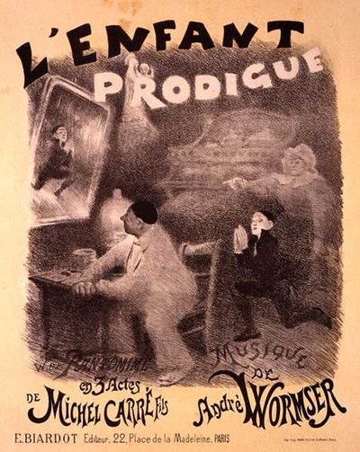 Reprodukcja plakatu reklamującego pantomimę „Syn marnotrawny” Michela Carre autorstwa Adolphe Leon Willette