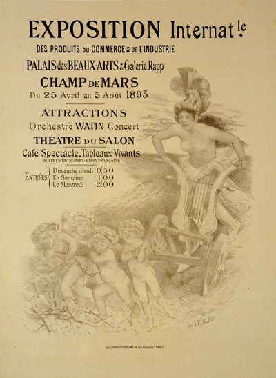 Reprodukcja plakatu reklamującego Międzynarodową Wystawę Produktów Handlowych i Przemysłowych, Palais des Beaux-Arts i Galerie Rapp, Champ de Mars, Paryż, 1893 autorstwa Adolphe Leon Willette