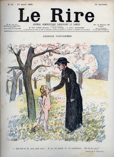 Spring Candeur - W kwiecistym lesie ksiądz głaszcze twarz nagiego dziecka, chowając za plecami łuk i strzałę oraz parę skrzydeł. Nie wiedząc, że jest Kupidynem, pyta go, czy jest nowy, ponieważ nikt go nigdy nie widział na katechizmie - il. autorstwa Adolphe Leon Willette