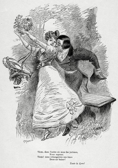 Dwoje kochanków: "Chodź i wymień nasze dusze/ W pocałunku! "Ilustracja Wilette