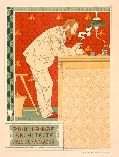 Reprodukcja plakatu reklamującego praktykę architektoniczną Paula Hankara, 1894 autorstwa Adolphe Louis Charles Crespin