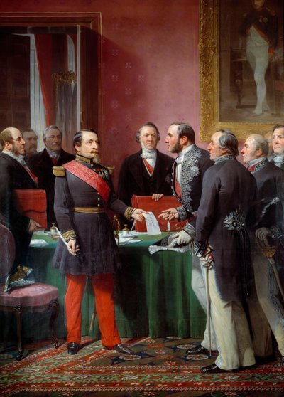 Imperatorius Napoleonas III (1808-1873) perdavė baronui Georgesui Haussmannui (1809-1891) kaimyninių savivaldybių aneksijos dekretą 1859 m. birželio mėn. autorstwa Adolphe Yvon
