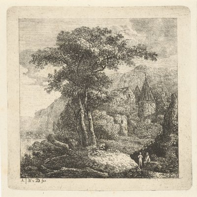 Górzysty krajobraz z drzewami, zamkiem i dwiema postaciami autorstwa Adriaan Jacob Willem van Dielen