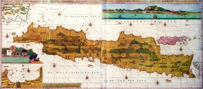 Insulae lavae, duża składana mapa Jawy z dwiema wstawkami, obie przedstawiające widoki holenderskiej części Batawii (Dżakarta), opublikowana przez Gerarda van Keulena, Amsterdam, ok. 1715 (kolorowa rycina) autorstwa Adriaan Reland
