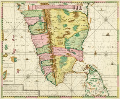 Mapa południowych Indii i Cejlonu, według pracy wykonanej około 1720 roku przez holenderskiego kartografa Adriaana Relanda autorstwa Adriaan Reland