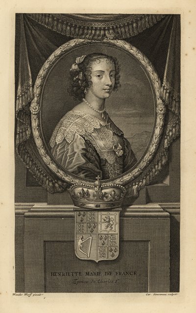 Henrietta Maria z Francji, żona króla Anglii Karola I. Henrietta Maria de France. W sukience z koronkowym kołnierzykiem, naszyjnikiem z pereł. Z koroną i herbem. Miedzioryt Charlesa Simonneau według Adriaena van der Werff z dzieła Isaaca de Larreya H autorstwa Adriaan van der (after) Werff