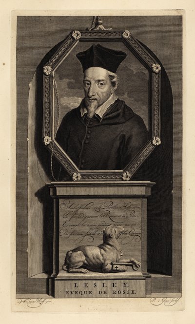 John Lesley, szkocki historyk i biskup Ross. Biskup Rossa. Pies z kluczem. Miedzioryt autorstwa Pietera Stevensa van Gunsta według Adriaena van der Werffa z Histoire d