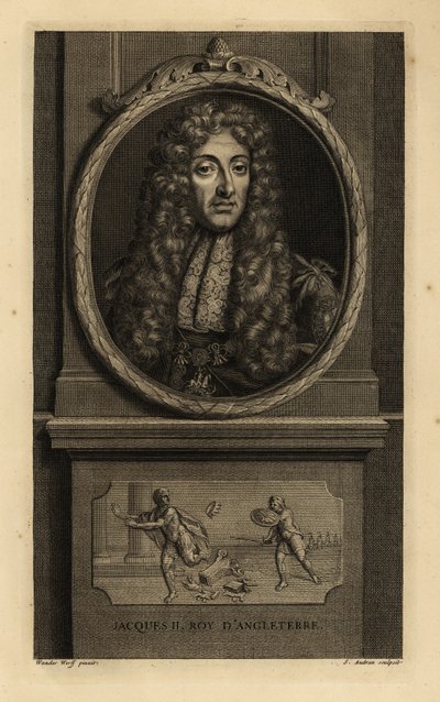 Król Anglii Jakub II, Szkocja Jakub VII, Jakub II Roy d’Angleterre. W peruce, koronkowej chustce, łańcuszku z figurą św. Jerzego i smoka. Winieta przedstawia cesarza rzymskiego tracącego koronę na rzecz żołnierza. Miedzioryt autorstwa Jeana Audran według A autorstwa Adriaan van der (after) Werff