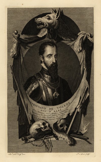 Portret Ferdynanda Alvareza de Toledo y Pimentel, 3. księcia Alby, czyli Żelaznego Księcia. W zbroi z łańcuchem Orderu Złotego Runa. Z wilczą skórą, ludzkimi czaszkami, mieczem, sztyletem i pistoletem skałkowym. Ferdynand de Tolede, książę d’Albe. Miedź autorstwa Adriaan van der (after) Werff