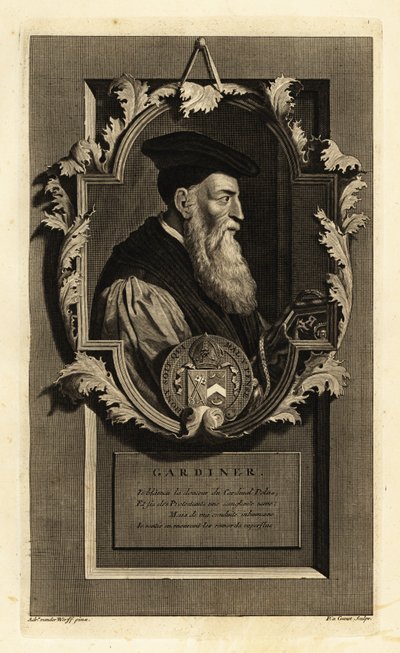 Portret Stephena Gardinera, biskupa Winchester i polityka. Z herbem. Miedzioryt autorstwa Pietera Stevensa van Gunsta według Adriaena van der Werffa z Histoire d