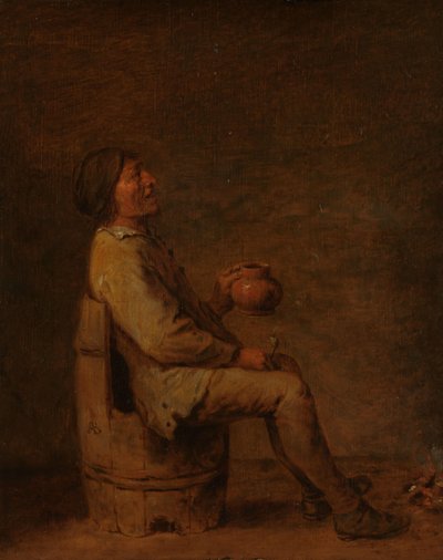 Siedzący mężczyzna trzymający fajkę i dzban we wnętrzu autorstwa Adriaen Brouwer (possibly copy after)